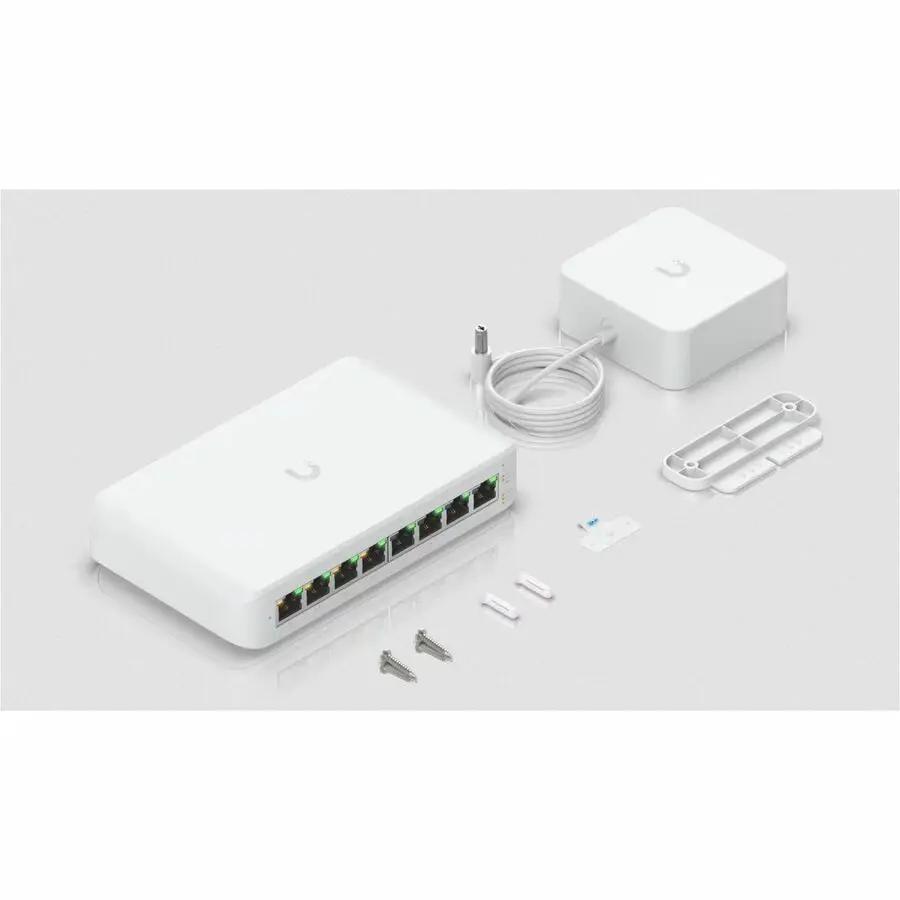 Ubiquiti UniFi USW-Lite 8-Port Gigabit PoE Managed Switch, white with mounting kit.