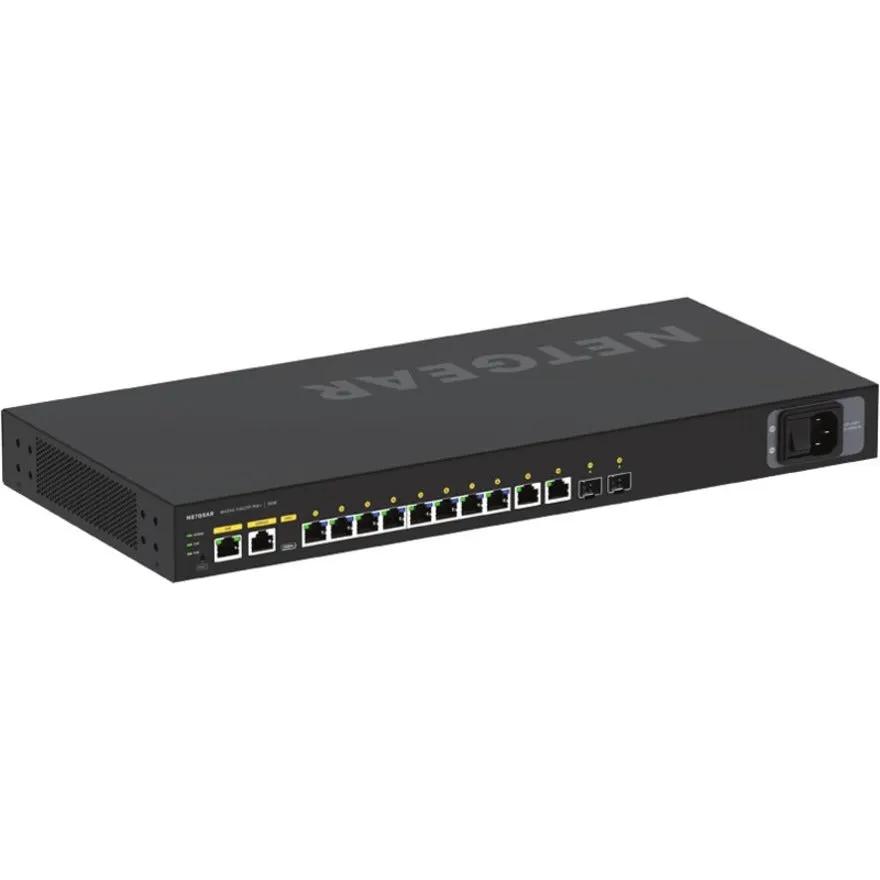 Netgear AV Line M4250 8-Port PoE+ SFP+ managed switch, black rack-mountable ethernet switch with LED indicators.
