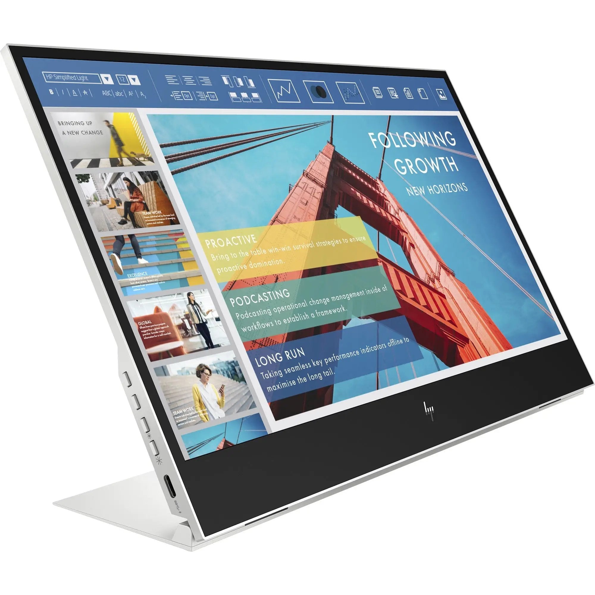 HP E14 G4 14-inch portable monitor, silver chassis, 1080p display showing colorful collage