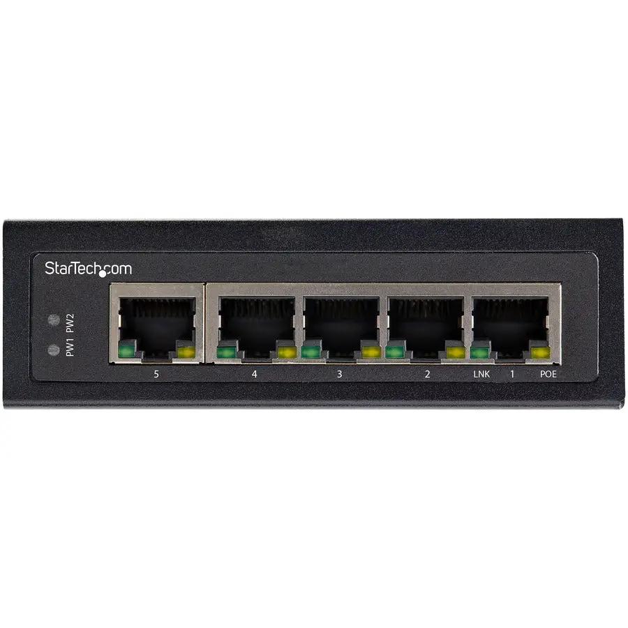StarTech Industrial 5-Port Gigabit PoE Unmanaged Switch, black metal enclosure.