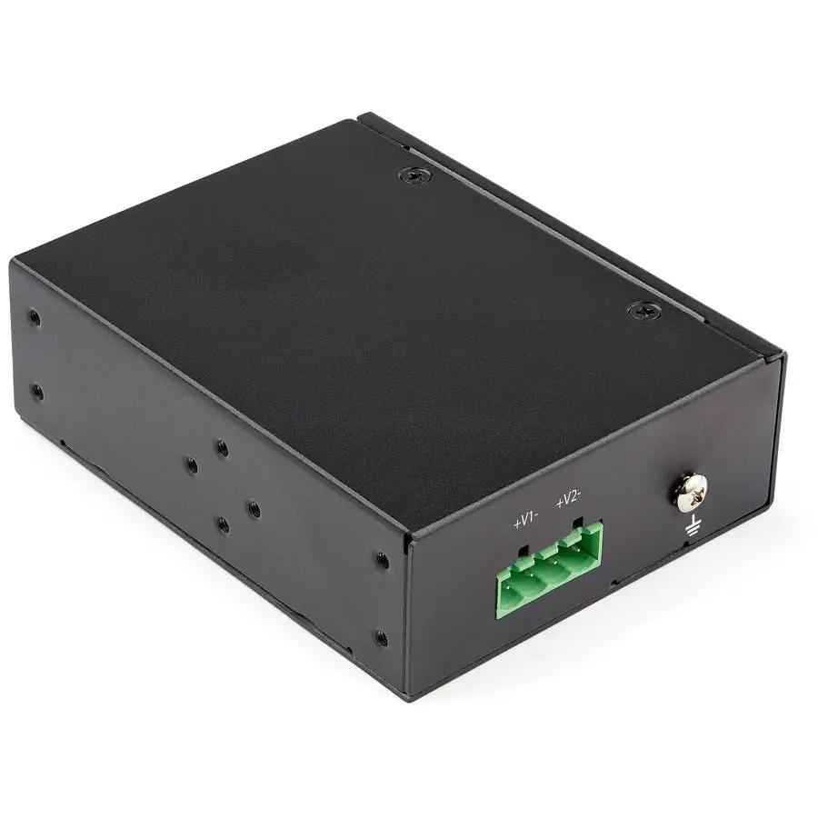 StarTech Industrial 5-Port Gigabit PoE Unmanaged Switch with black metal enclosure and green power terminal block.