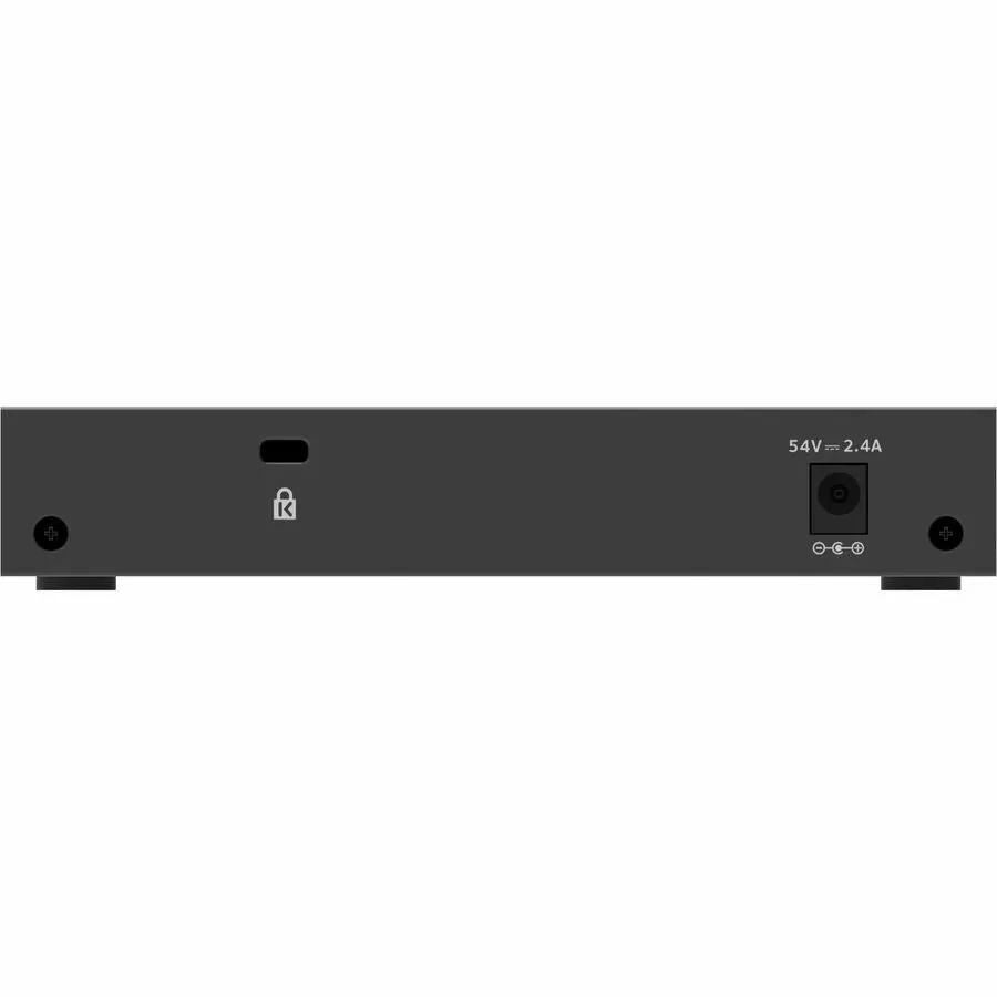 NETGEAR Plus GS305EPP 5-Port Gigabit PoE+ unmanaged switch back view, black metal case with power input and lock slot