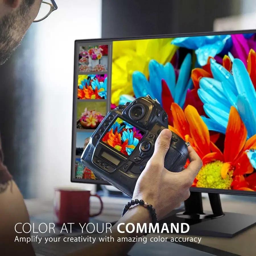 ViewSonic VP2468a 24-inch IPS monitor with a handheld camera in front.
