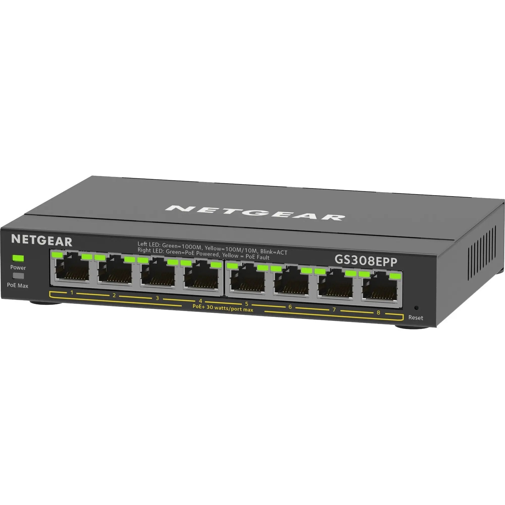 NETGEAR GS308P 8-Port PoE+ Smart Managed Switch; gray metal chassis with front LEDs