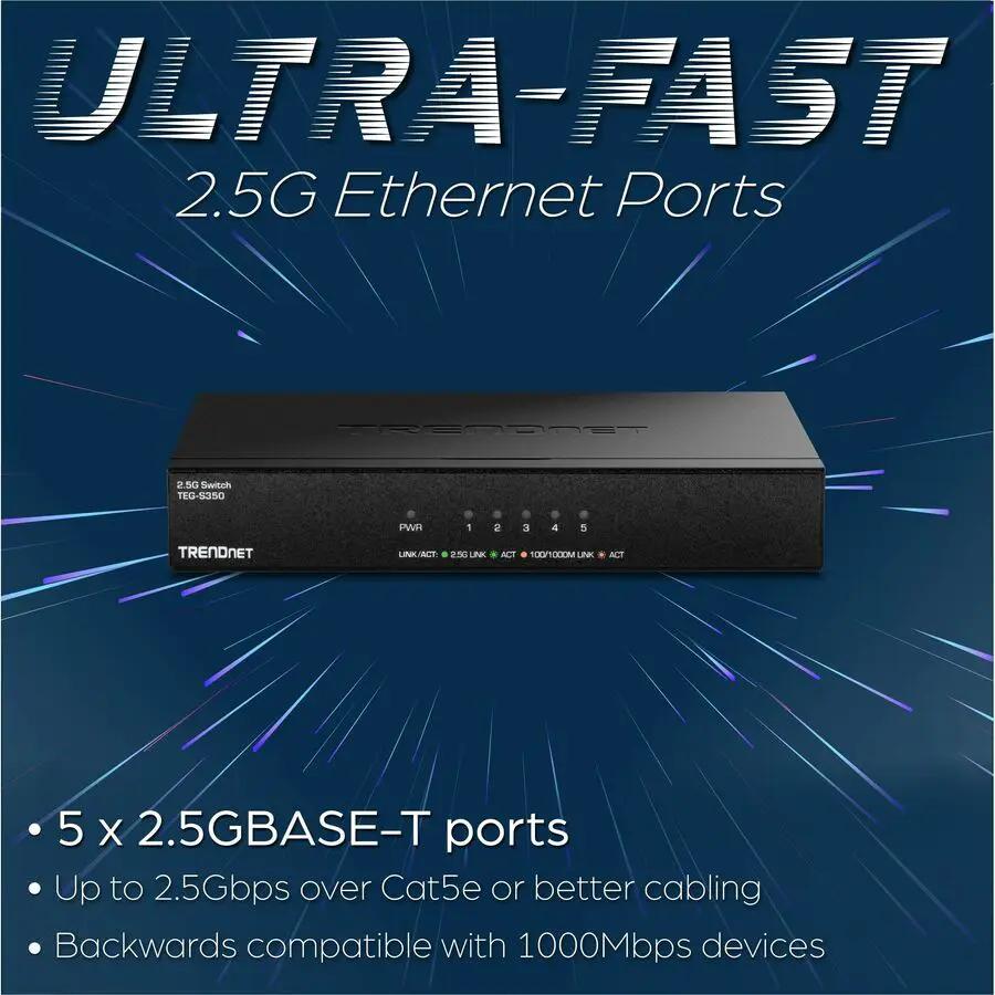 TRENDnet TEG-S350 5-Port 2.5GBASE-T Unmanaged Switch, black, fanless.