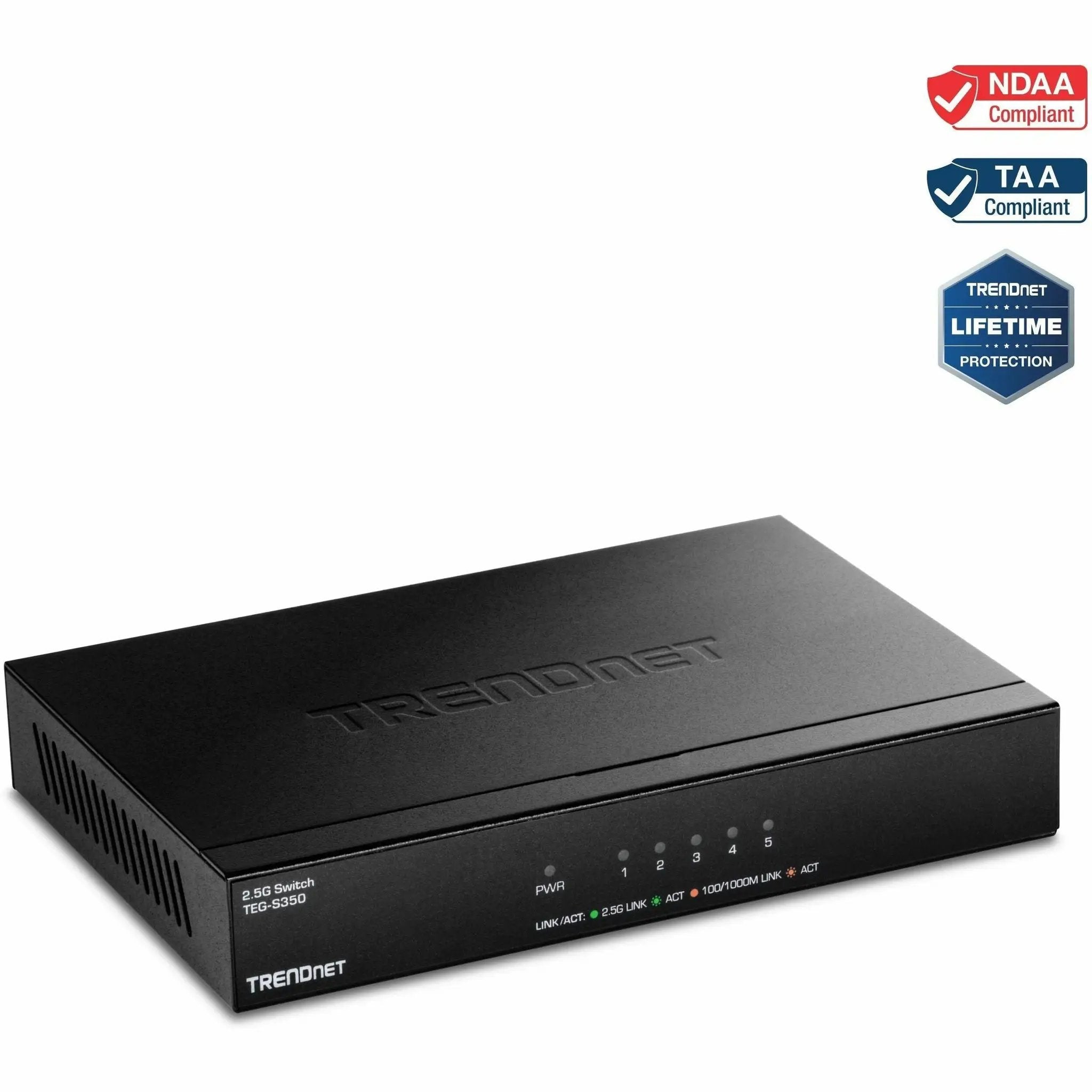 TRENDnet TEG-S350 5-Port 2.5G Unmanaged Switch in black metal enclosure with front LEDs