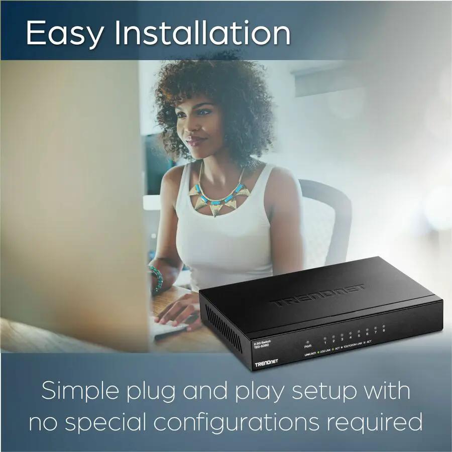 TRENDnet TEG-S380 8-Port 2.5G unmanaged switch on desk, black