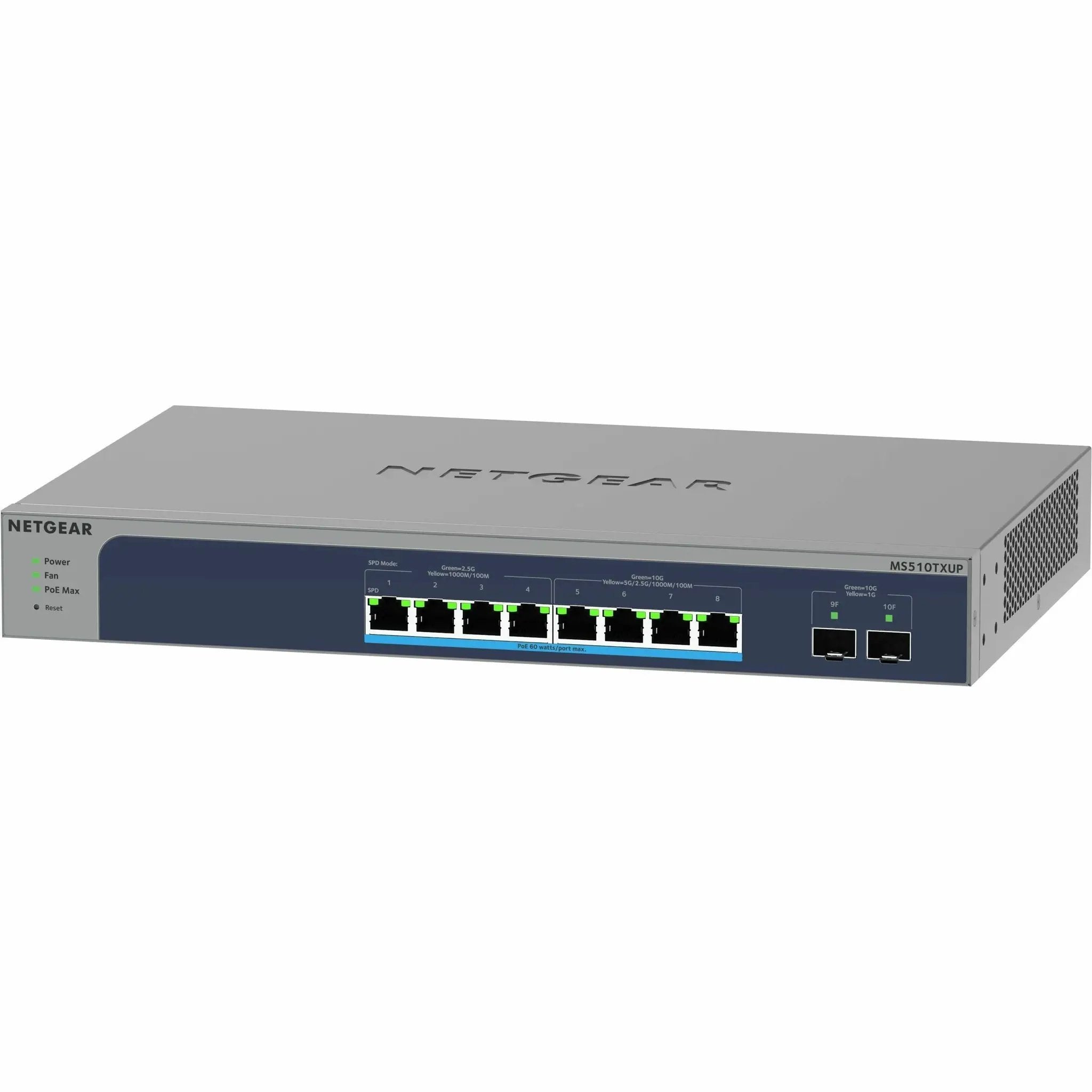 Netgear ProSAFE MS510TXUP 8-port PoE+ switch, front panel with 8 RJ-45 ports