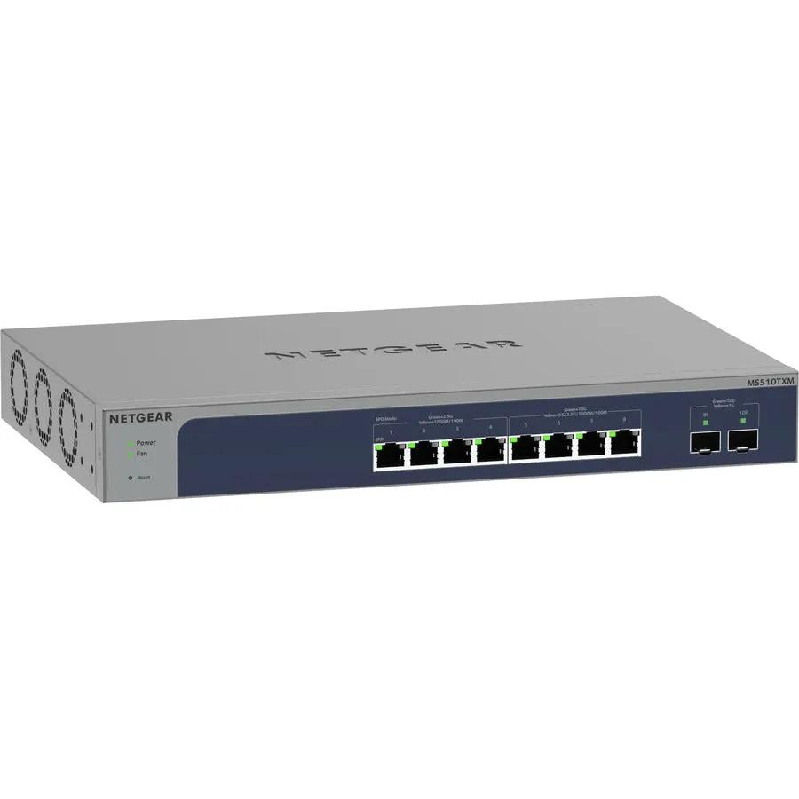 Netgear ProSAFE MS510TXM 8-Port Gigabit PoE SFP+ managed switch with blue front panel
