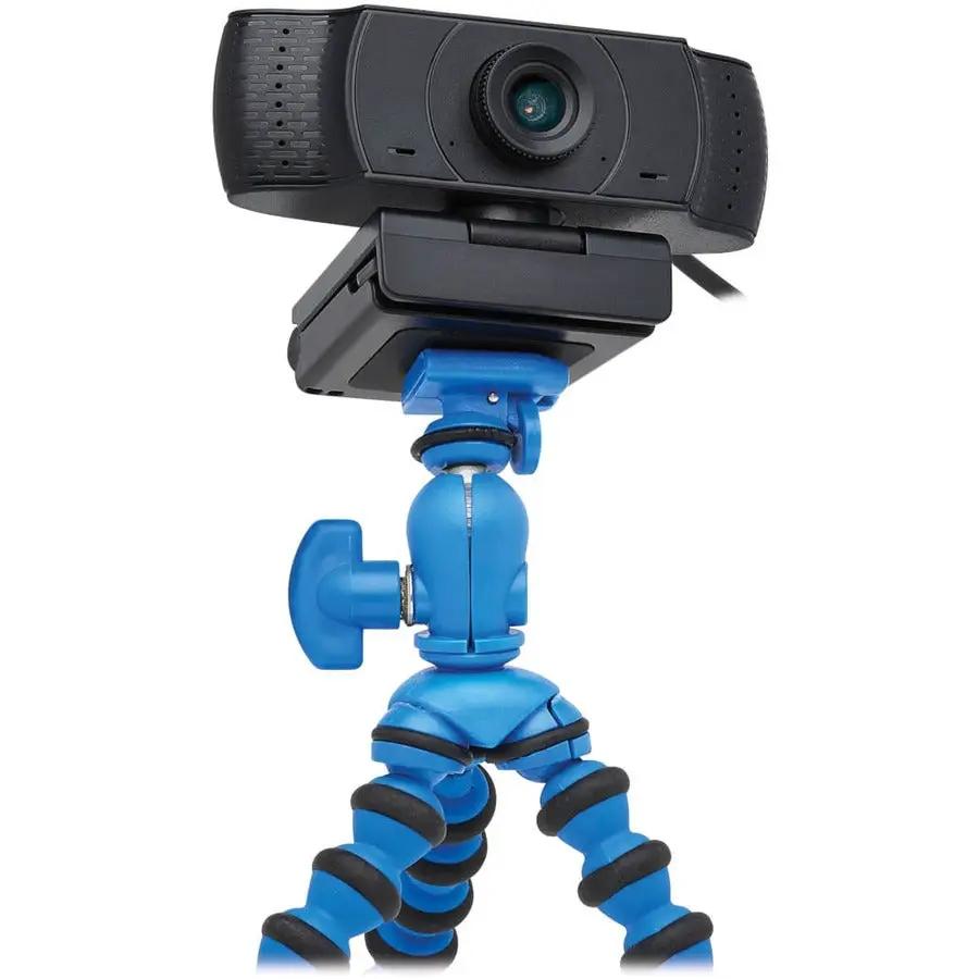 USB webcam with microphone mounted on blue flexible tripod