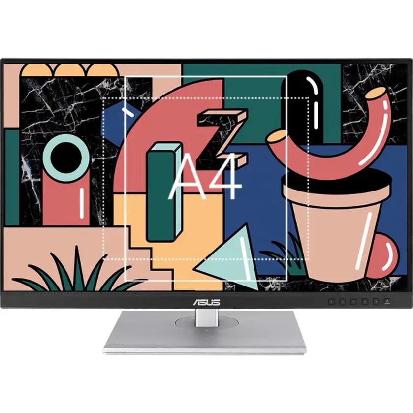 ASUS ProArt PA278CV 27-inch IPS monitor on a silver stand with a colorful abstract display