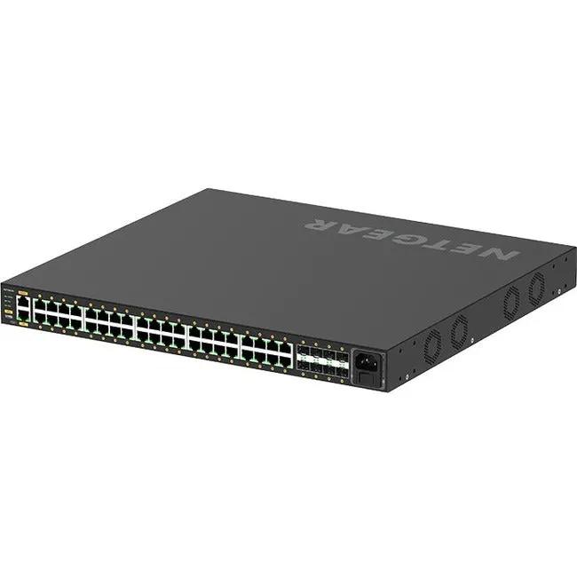 Netgear AV Line M4250 40G PoE+ switch, black metal chassis, shown on white background.