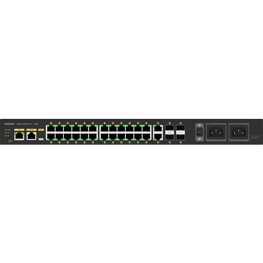 NETGEAR M4250-26G4F-PoE++ AV Line managed switch, black front panel with 26 ports