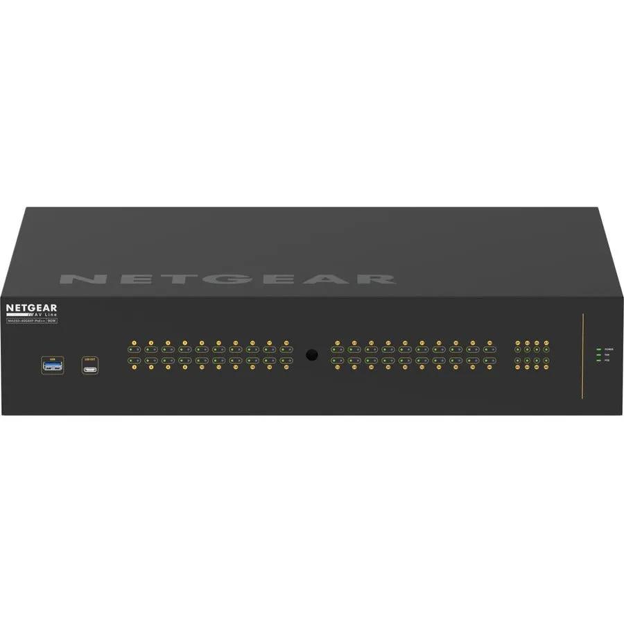 NETGEAR AV Line M4250-40G8XF 8-Port SFP+ PoE++ Managed Switch, front view, black chassis.