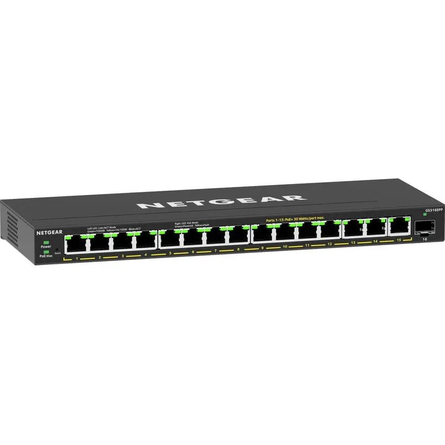 NETGEAR Plus 231W 16-Port Gigabit PoE+ Switch with 1 SFP on white background