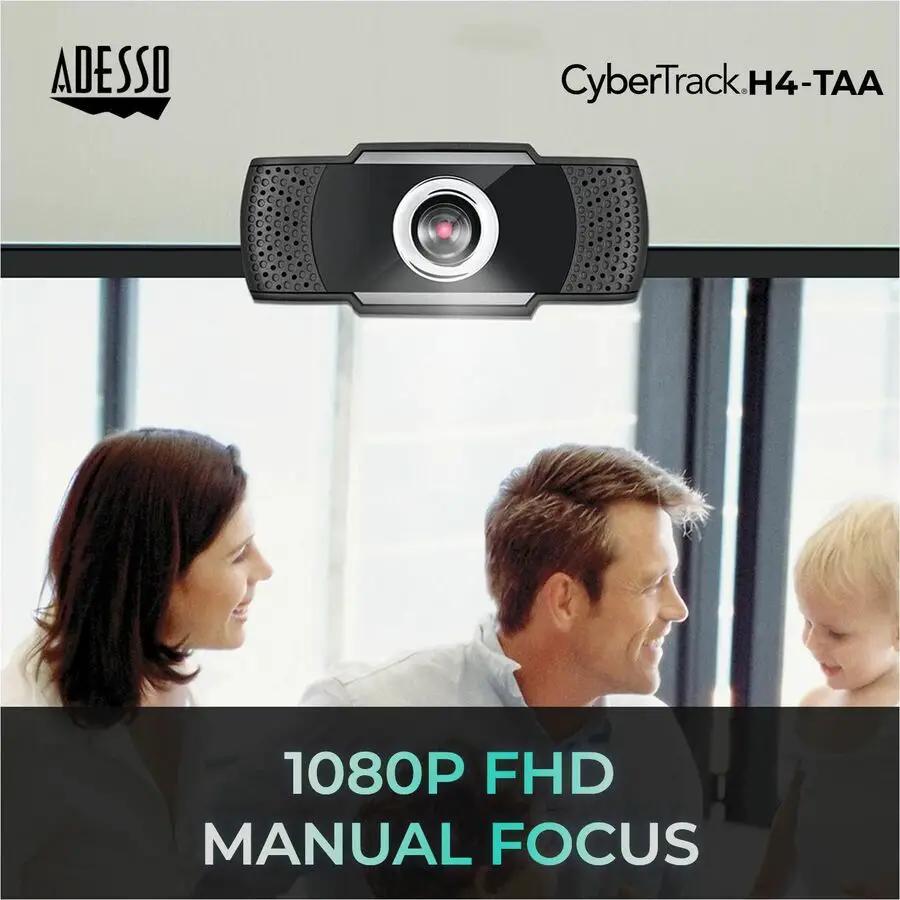Adesso black USB webcam with built-in microphone mounted on top of a monitor (1080p)