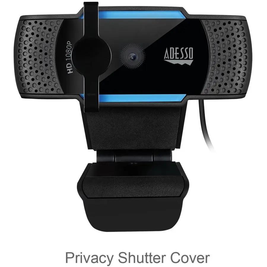 Adesso CyberTrack H5 webcam, 1080p, on desk stand with privacy shutter