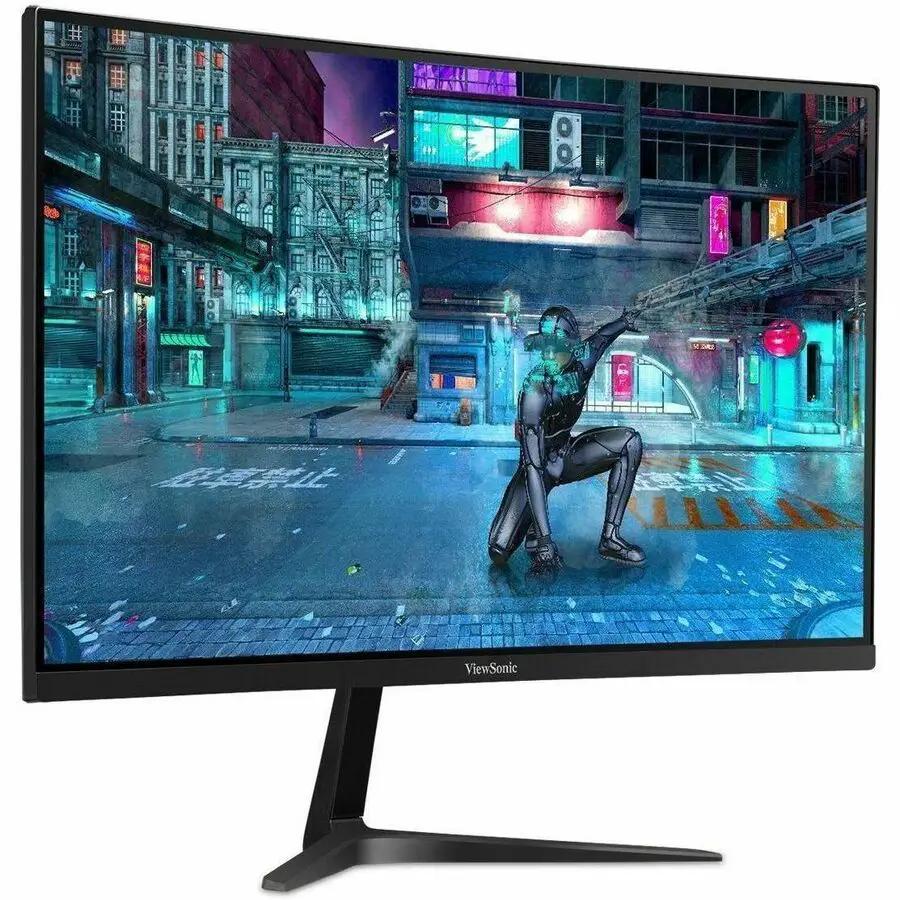 ViewSonic OMNI VX2718 MHD 27-inch monitor on a stand displaying a cyberpunk game scene