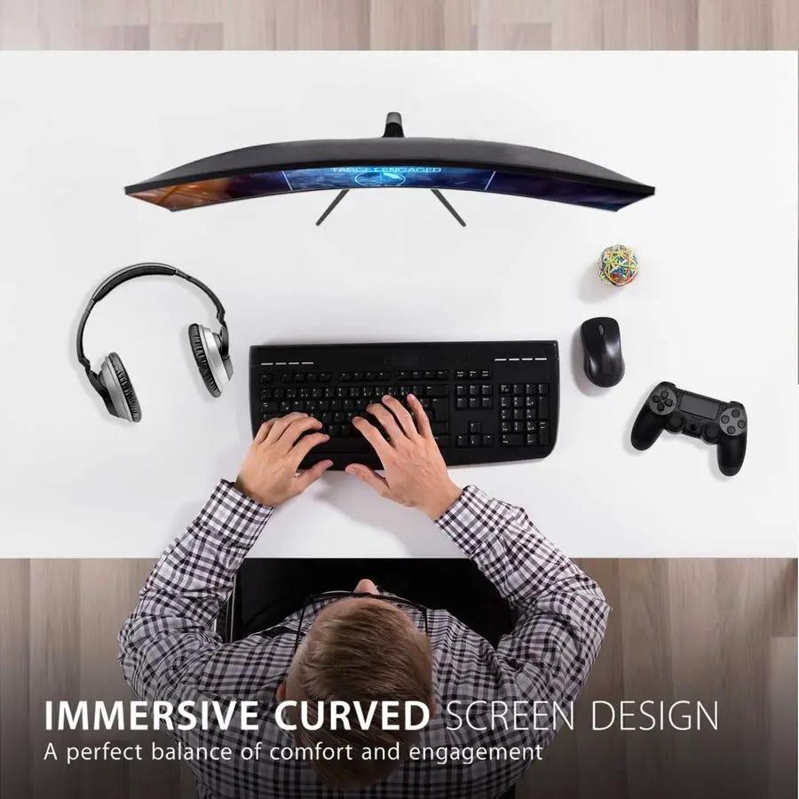 ViewSonic OMNI VX2718 MHD 27-inch curved gaming monitor on desk with keyboard, headset, mouse and gamepad