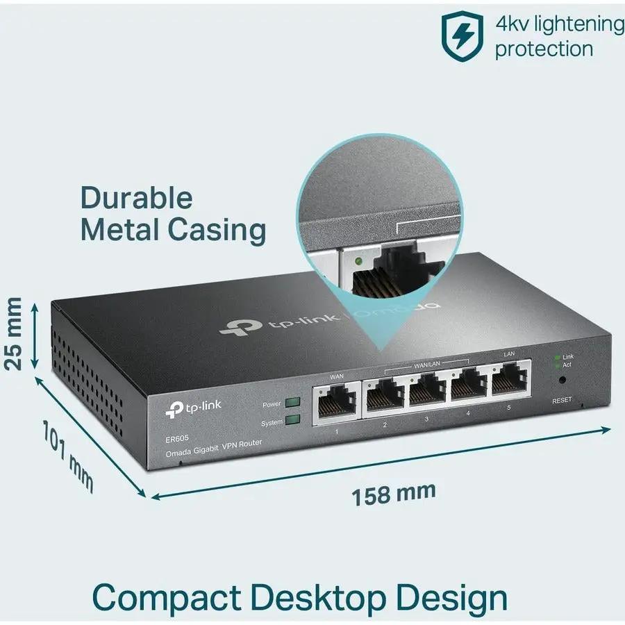 TP-Link Omada ER605 VPN router with durable metal casing and five Ethernet ports