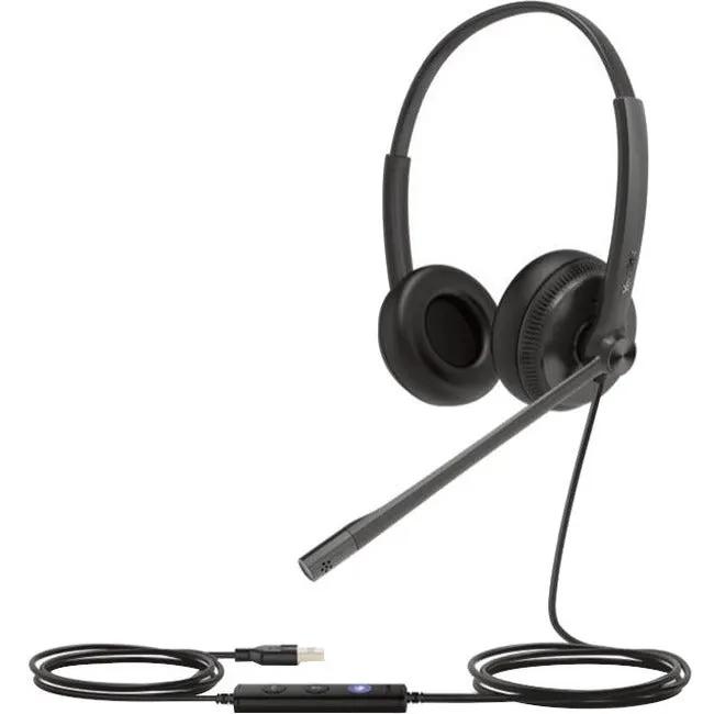 Yealink UH34 Dual UC USB headset with black over-ear cups and inline controller