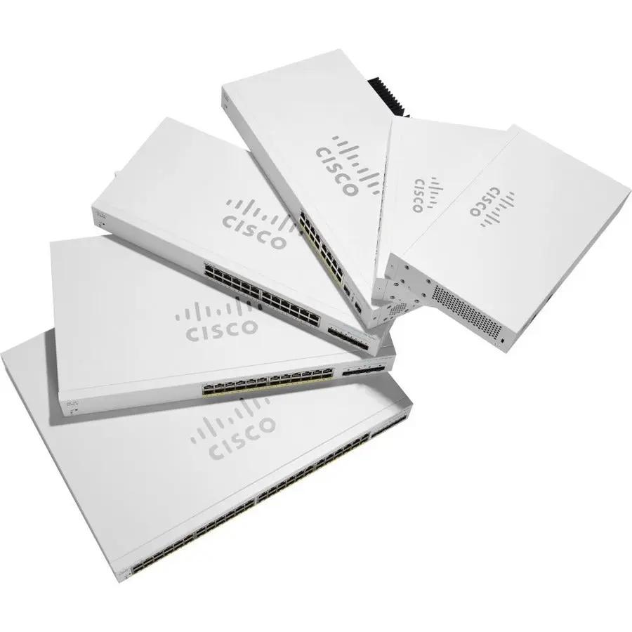 Five Cisco CBS220 24-Port Gigabit PoE SFP switches in white metal enclosures