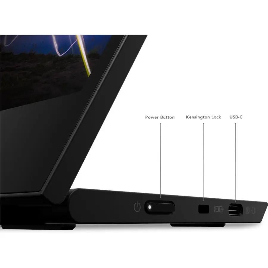 Lenovo ThinkVision M15 16-inch FHD monitor, Raven Black, side view with power button, Kensington lock and USB-C port