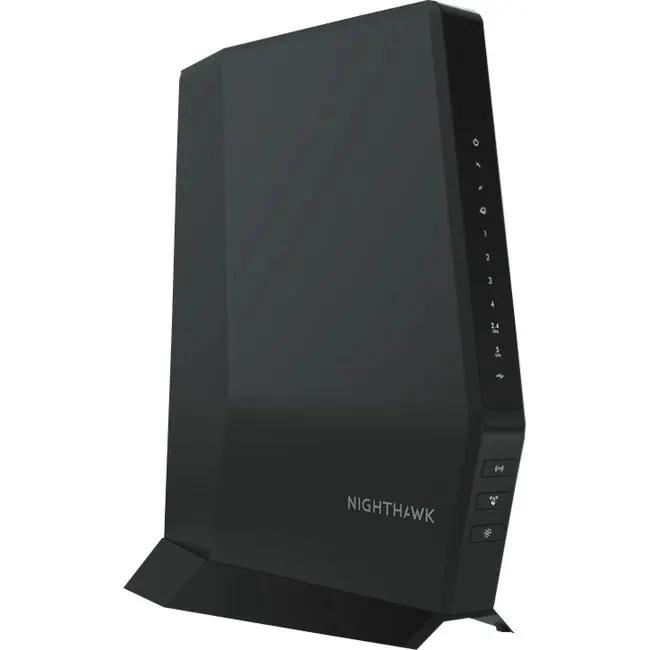 Netgear Nighthawk AX6 router, black, standing upright on white background.