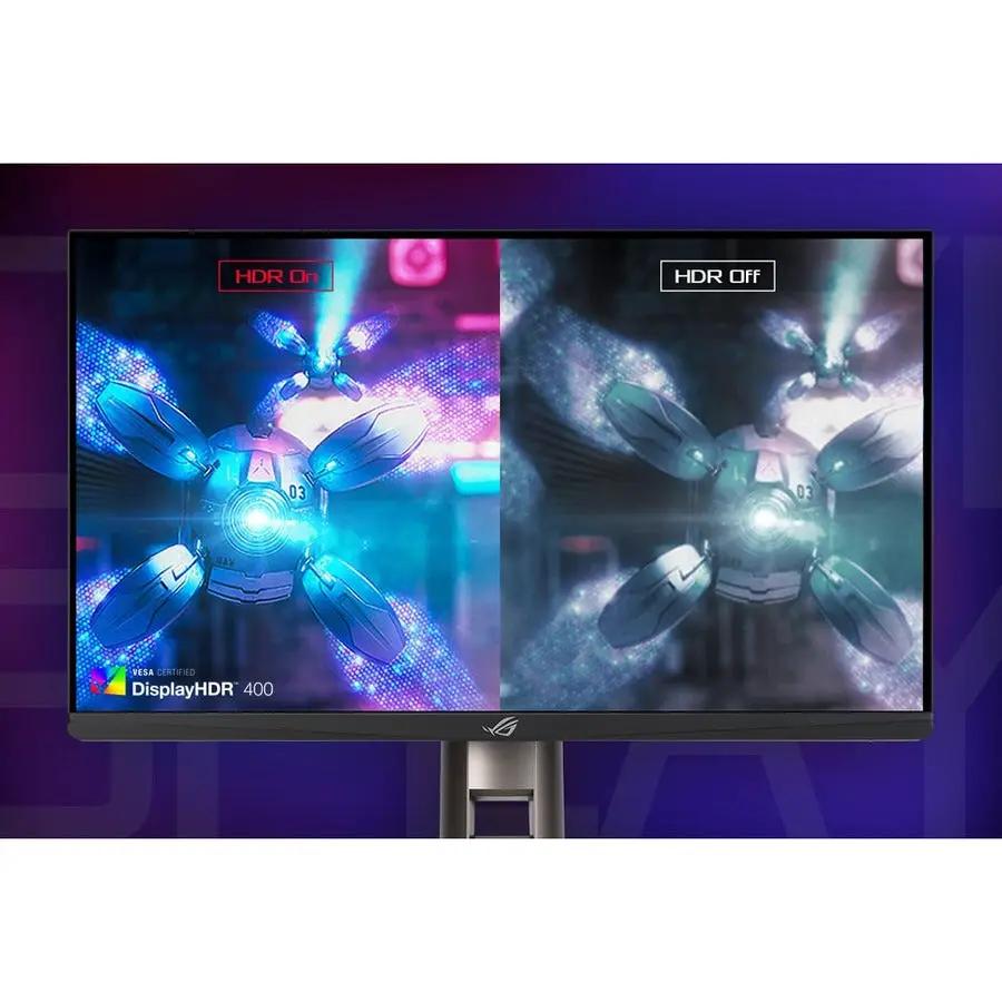ASUS ROG Swift PG279QM 27-inch monitor on stand showing HDR On vs Off split-screen display
