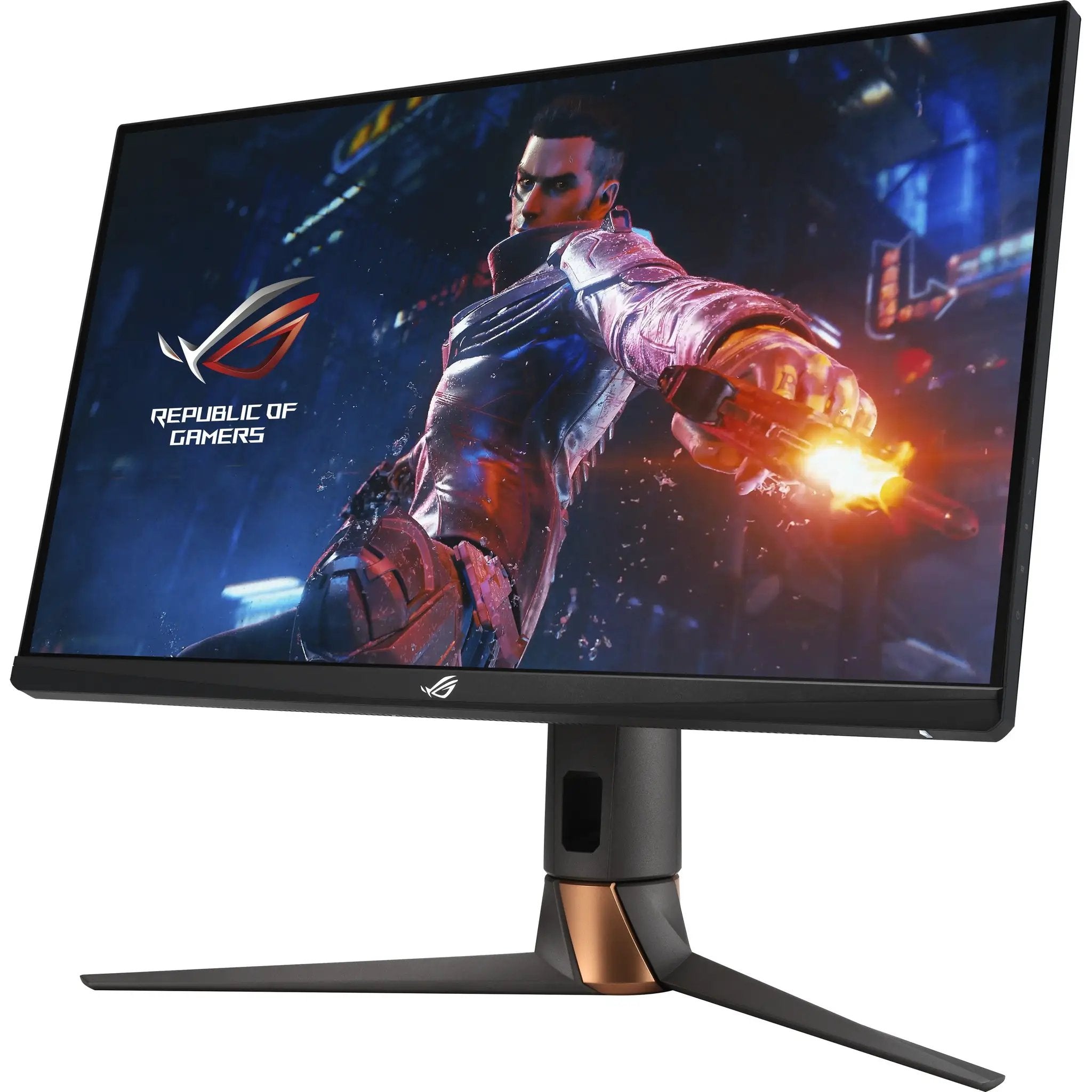 ASUS ROG Swift PG279QM 27-inch gaming monitor on stand, black frame with copper-accent base.