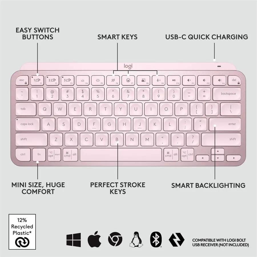 Logitech MX Keys Mini Minimalist Wireless Illuminated Keyboard, Compact, Bluetooth, USB-C - Rose