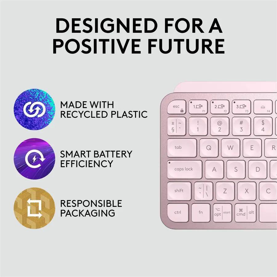 Logitech MX Keys Mini Minimalist Wireless Illuminated Keyboard, Compact, Bluetooth, USB-C - Rose