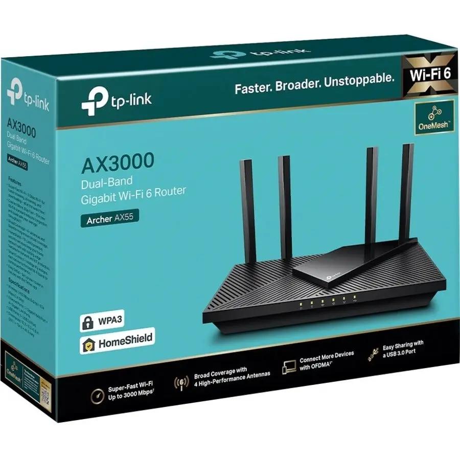TP-Link Archer AX55 dual-band Gigabit Wi‑Fi 6 router on teal packaging box