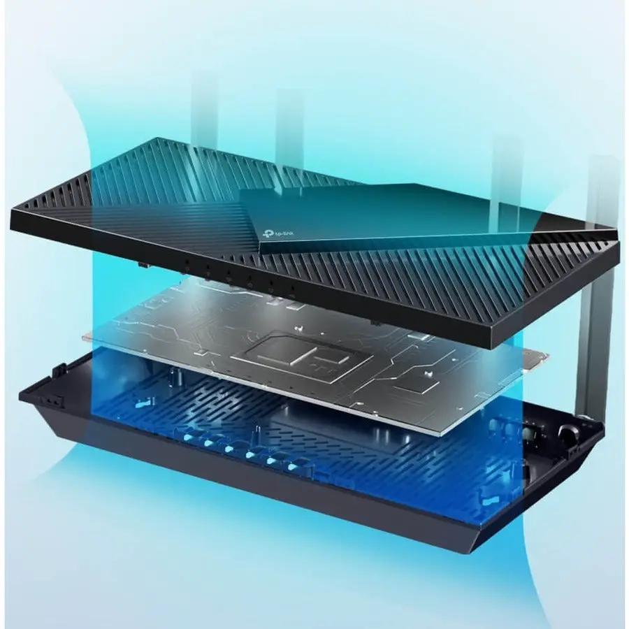 TP-Link Archer AX55 wireless router, black chassis shown in exploded-view with internal components