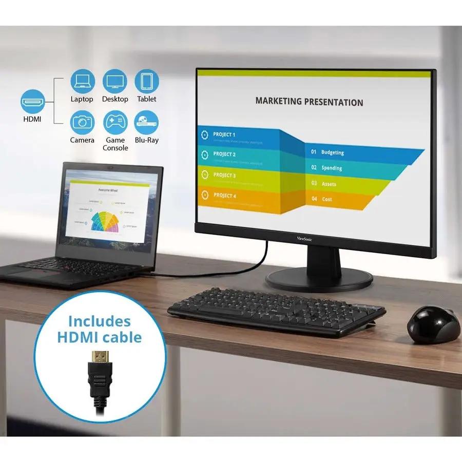 ViewSonic VA2247-MH 22-inch monitor on desk with included HDMI cable; black bezel, 1080p FHD.