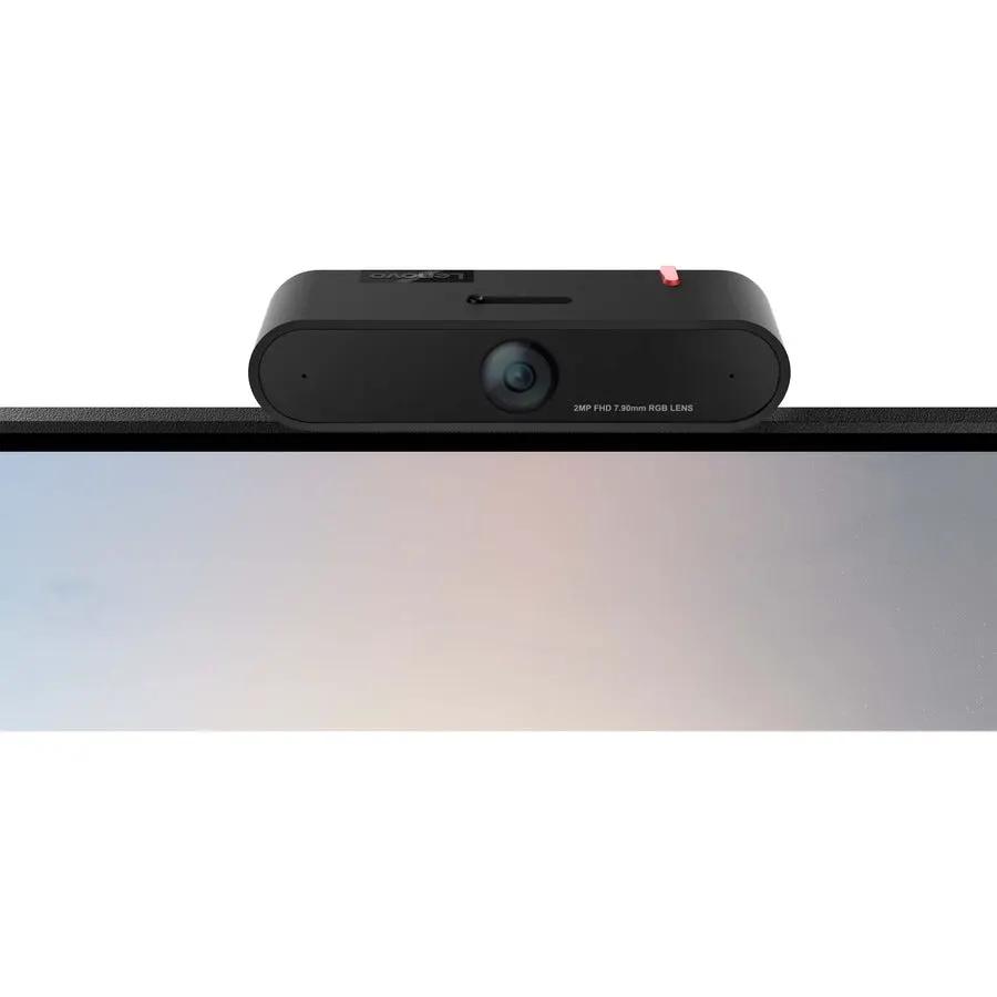 LC50 Monitor Webcam, black USB camera mounted on top edge of a monitor