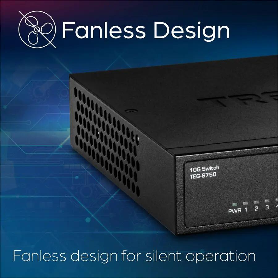 TRENDnet TEG-S750 5-Port 10GbE Unmanaged Switch in black metal chassis with fanless design