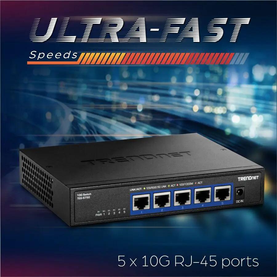 TRENDnet TEG-S750 5-Port 10GbE Unmanaged Switch in black with 5 RJ-45 ports