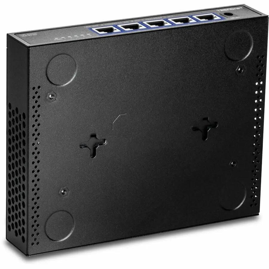 TRENDnet TEG-S750 5-Port 10GbE Unmanaged Switch, black metal enclosure with blue-accented RJ-45 ports
