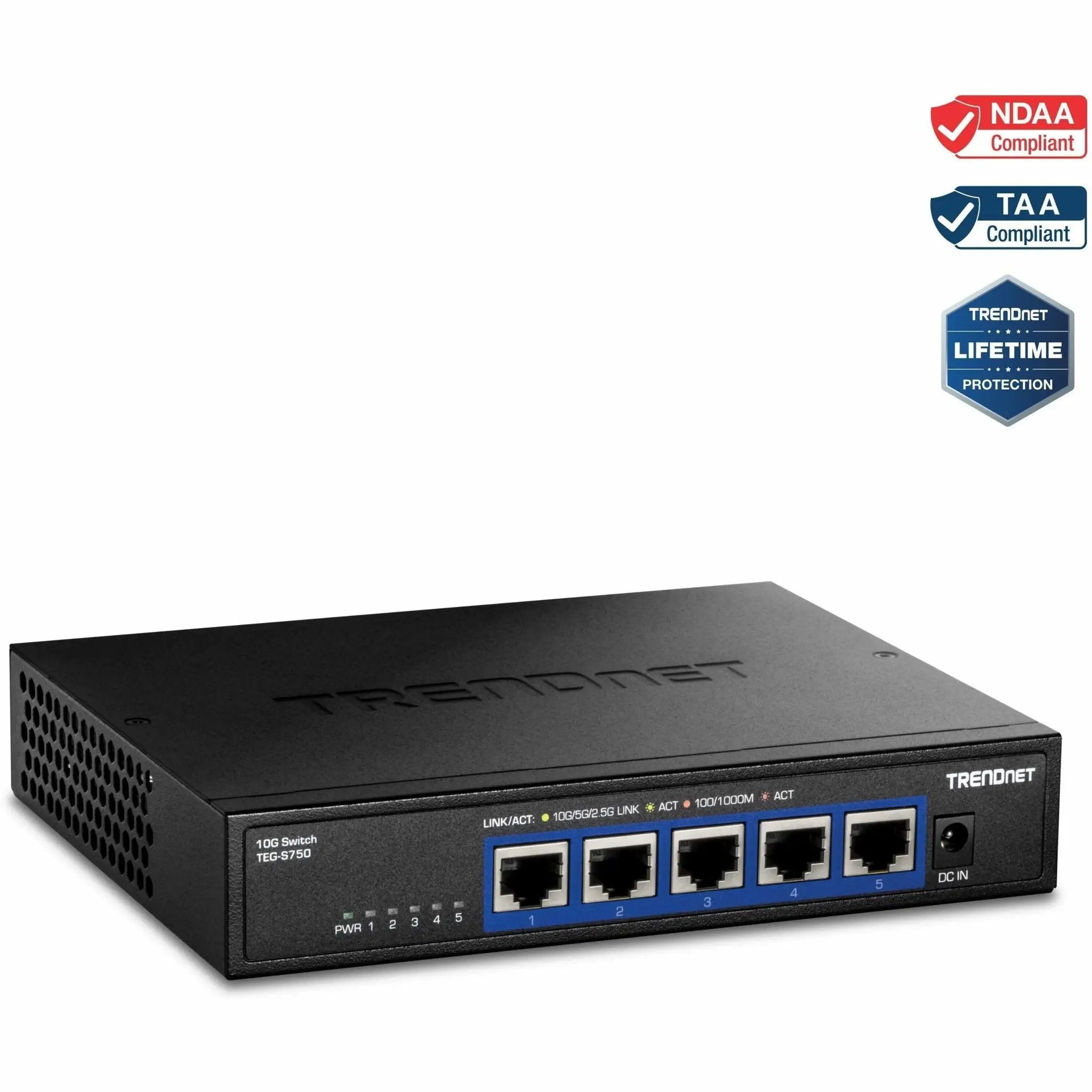TRENDnet TEG-S750 5-port 10GbE unmanaged switch in black metal chassis