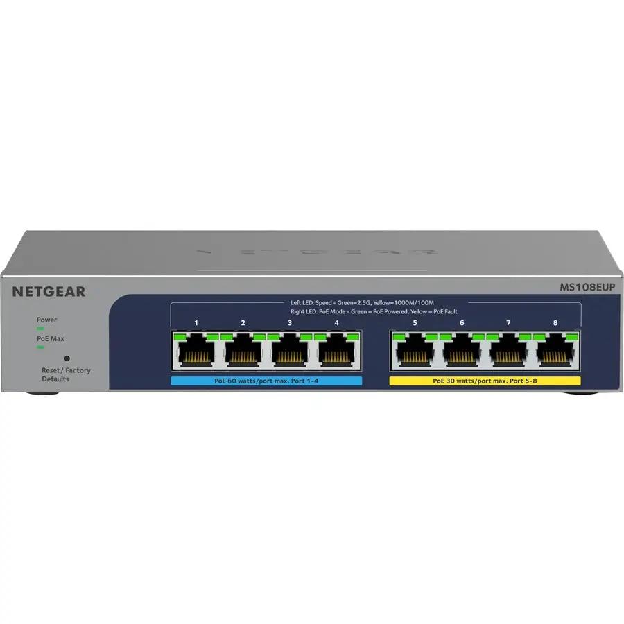 Netgear 8-port PoE switch with blue front panel and NETGEAR branding