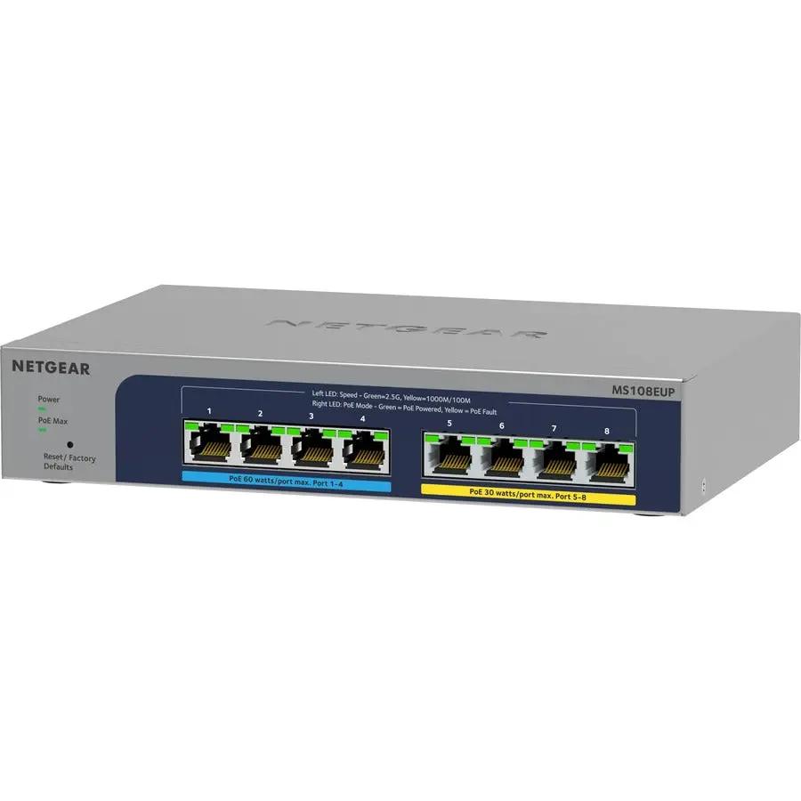 NETGEAR Plus Ultra60 8-Port PoE switch with blue front panel and 8 RJ-45 ports