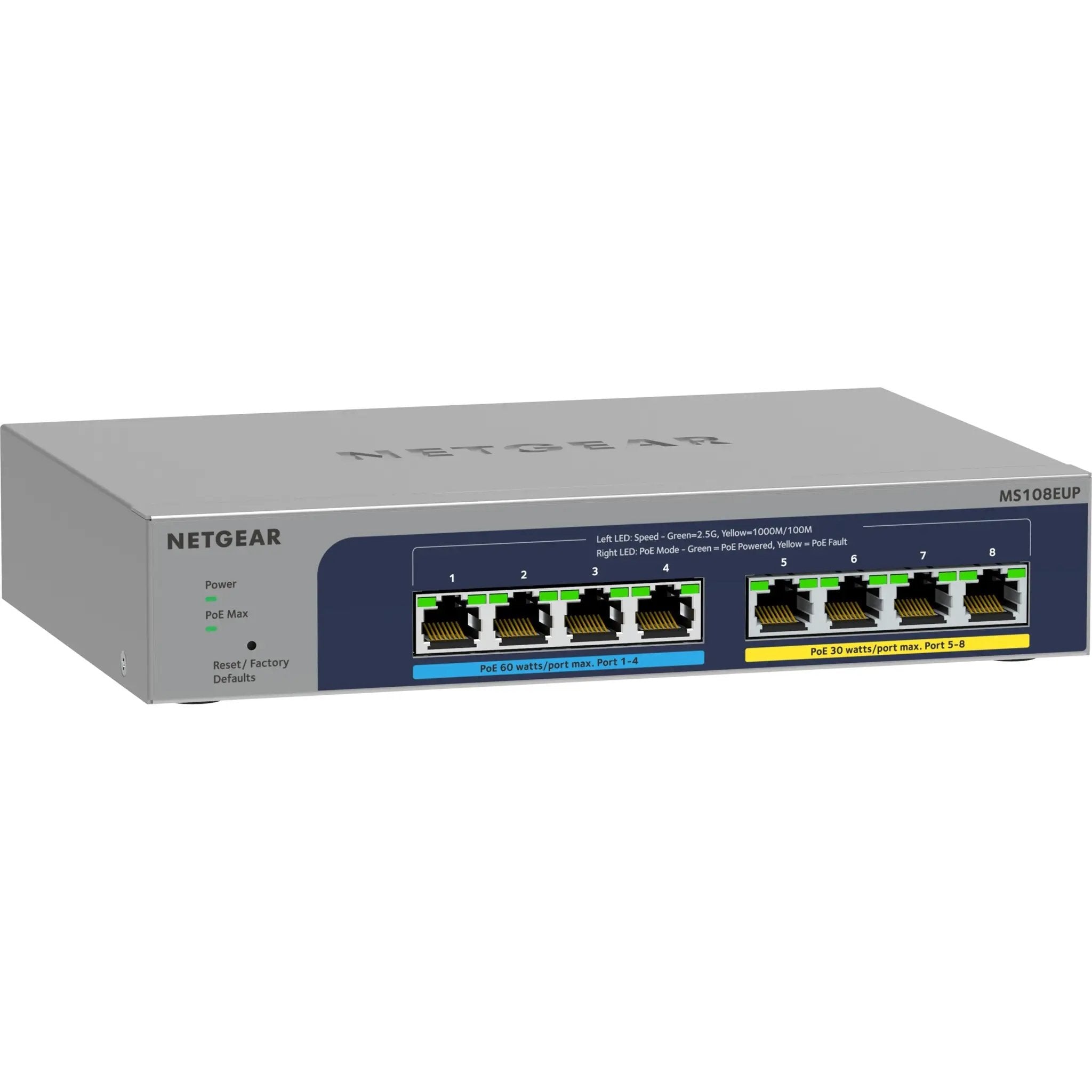 Netgear Plus Ultra60 8-Port PoE switch with gray metal enclosure and blue front-panel LEDs