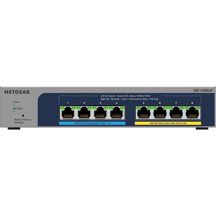 NETGEAR Plus Ultra60 8-Port PoE Switch with blue front panel and 8 Ethernet ports