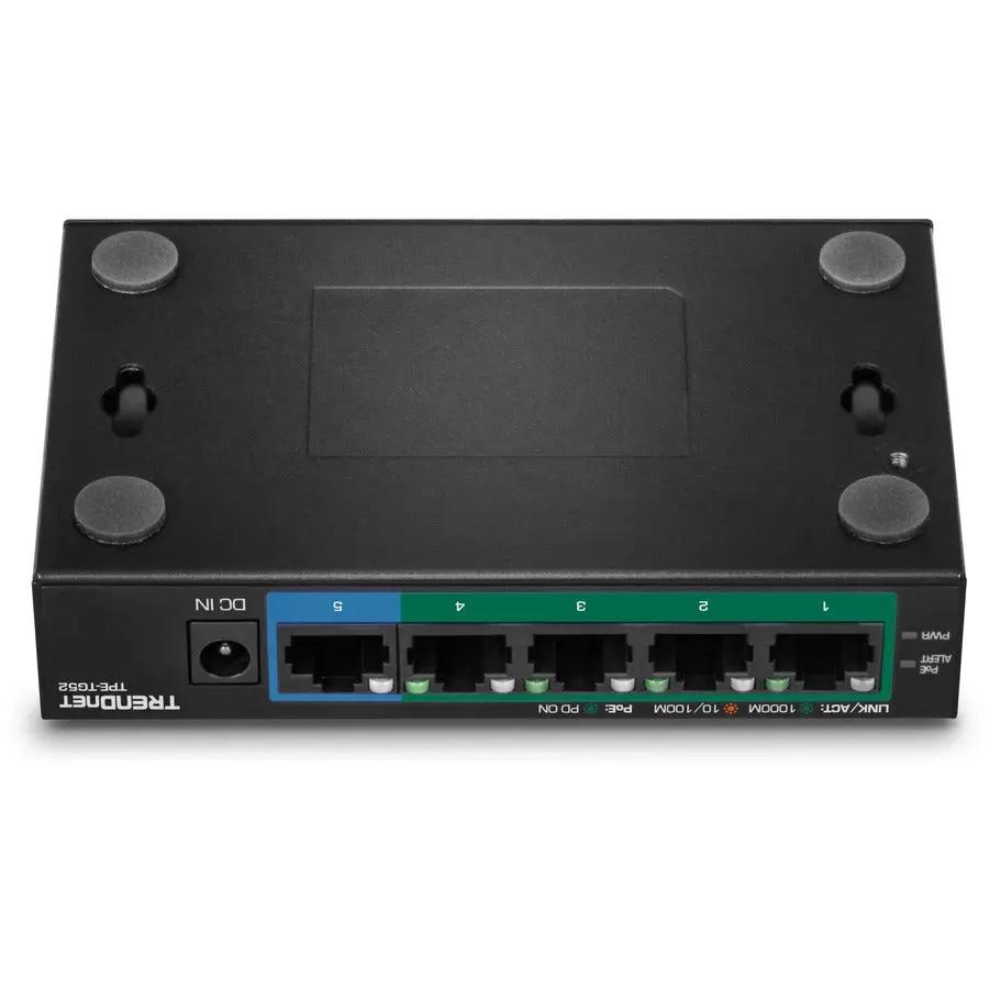 TRENDnet TPE-TG52 5-Port Gigabit PoE+ switch, black, front with five RJ45 ports labeled 1–5.