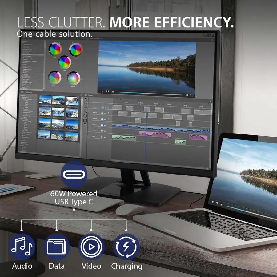 ViewSonic VP3256 32-inch 4K IPS monitor on desk with laptop; USB-C 60W power, data, video, and charging icons.