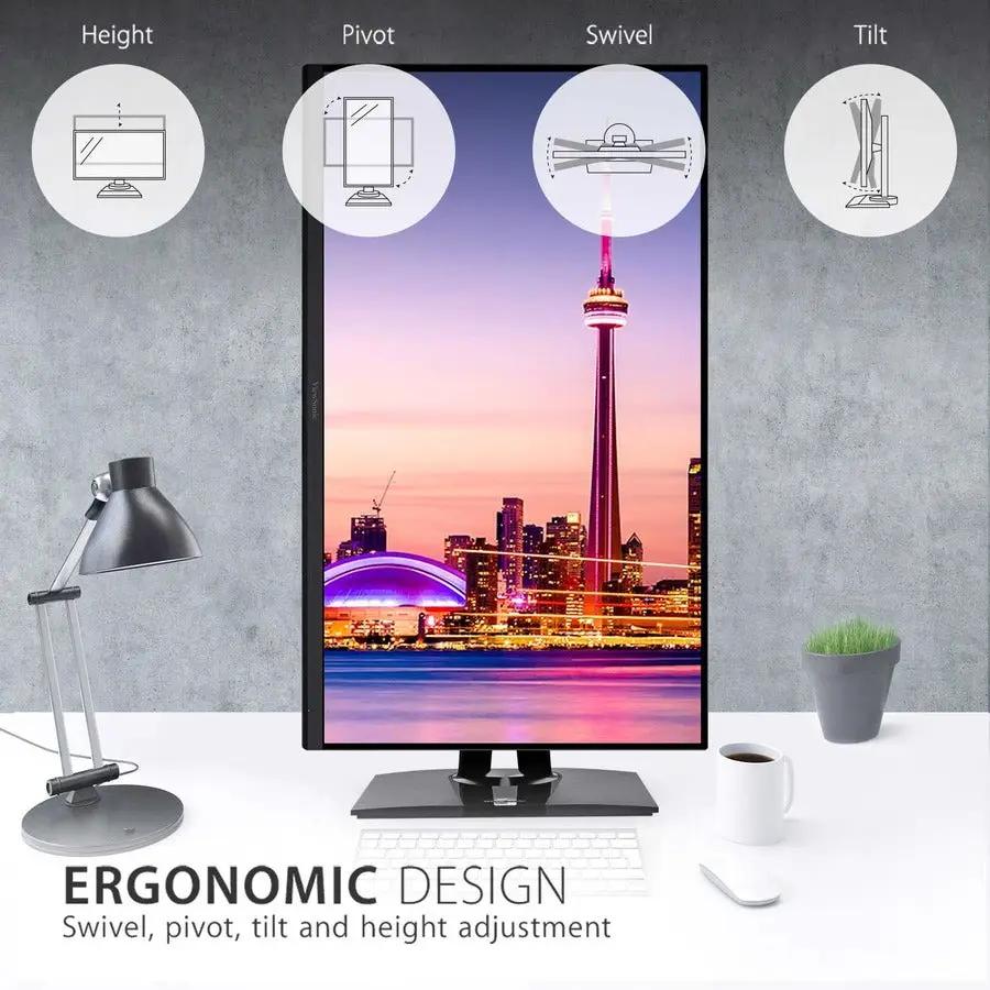 ViewSonic VP3256 32-inch 4K UHD IPS monitor on a white desk with keyboard, lamp, mug and plant.