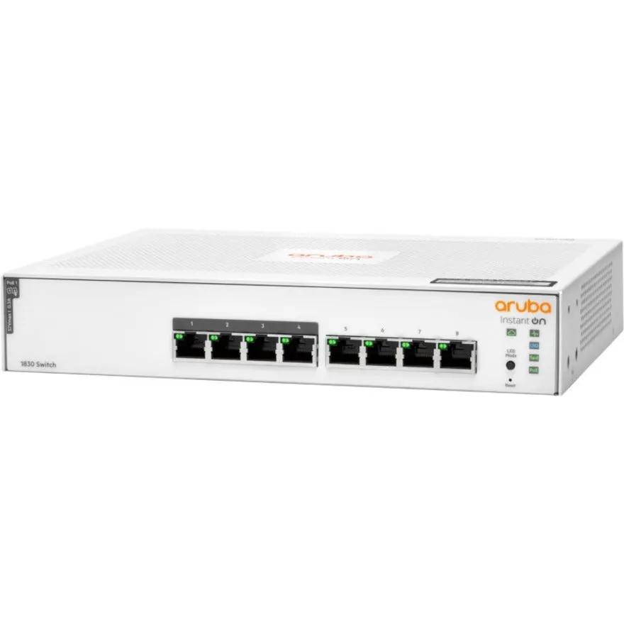 HPE Aruba Instant On 1830 8-Port Gigabit PoE Switch, white desktop unit