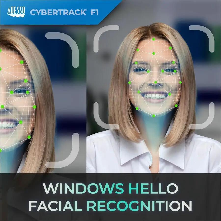 Adesso CyberTrack F1 webcam on blue packaging, Windows Hello facial recognition