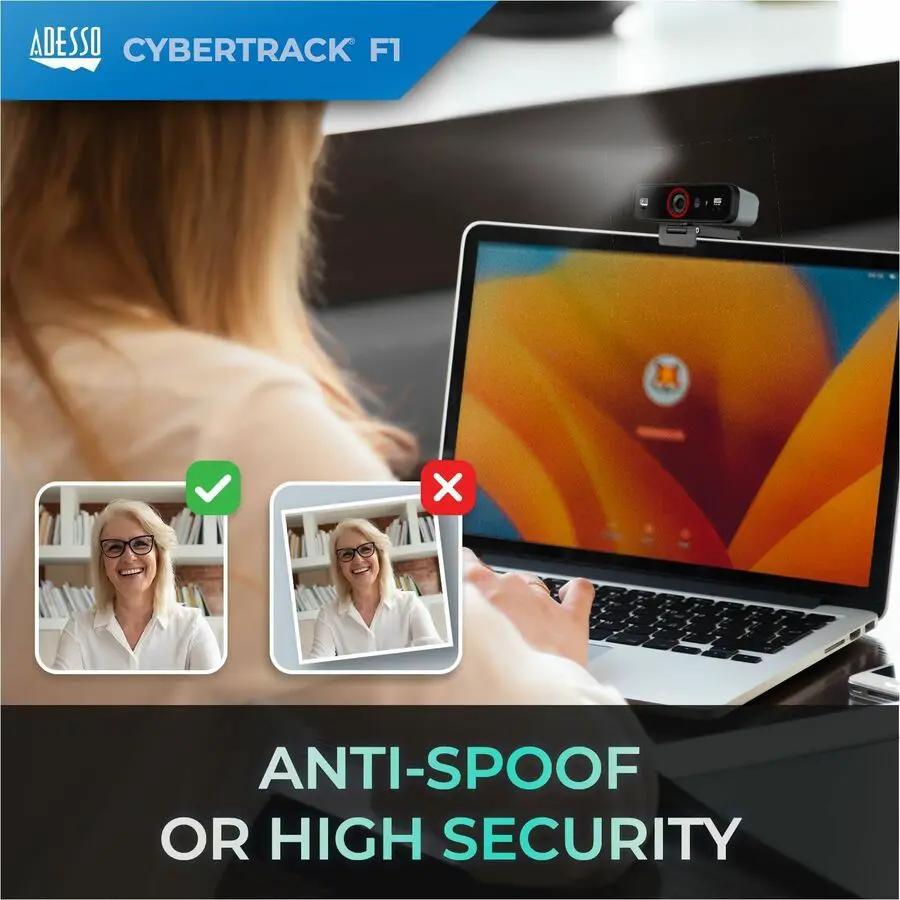 Adesso CyberTrack F1 webcam on a laptop, Windows Hello Certified, black with red ring